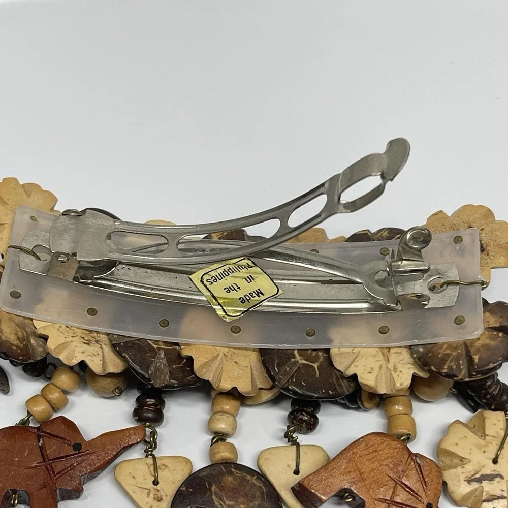 Vintage African Safari Hair Barrette Hand Carved Wooden Elephants Beads Floral